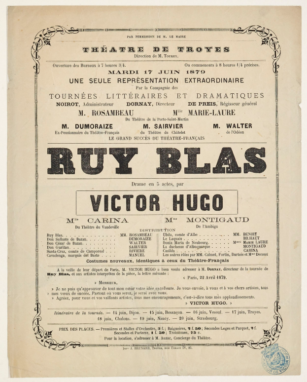 Eine alte Zeitungsannonce für das Stück "Ruy Blas" von Victor Hugo mit Textbeschreibung.