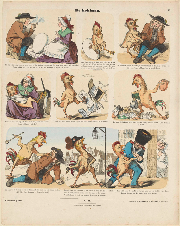 Eine Karikatur eines Mannes in Hut und Mantel und einer Frau in Schürze und Kleid, beide lachend, mit Hühnern spielend, umgeben von bunten Karikaturen von Hühnern und anderen Tieren.