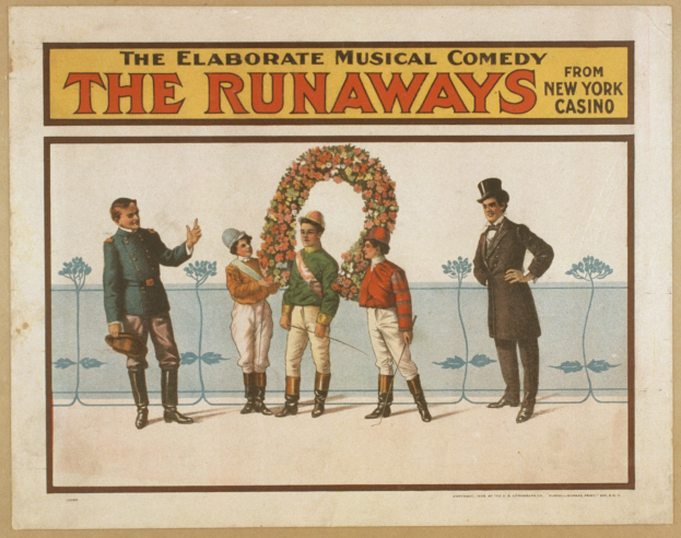Plakat für die Musical-Comedy "Runaway" aus dem New Yorker Casino, das eine Gruppe von Menschen in einer Reihe zeigt, wobei einer einen Blumenstrauß hält und der Text den Comedy beschreibt.