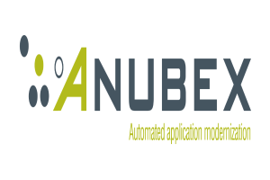 Das Anubex Automated Application Modernization-Logo zeigt den Unternehmensnamen in fetter schwarzer Schrift mit einem dünnen schwarzen Rand auf einem weißen Hintergrund.