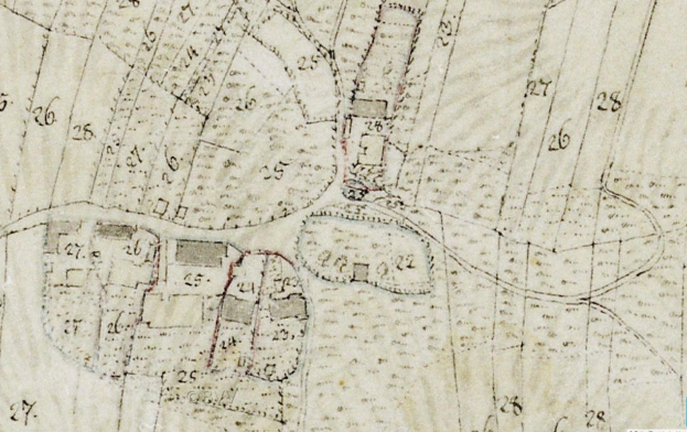 Ausfuhrliches altes Stadtplan mit nummerierten Gebauden, Strassen und Text, der eine vorgeschlagene Entwicklungsstelle am Boden angibt.