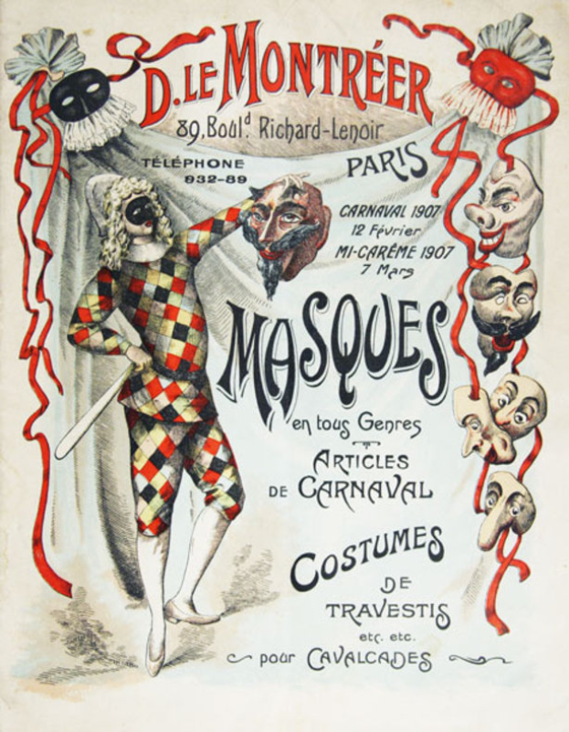 Plakat für ein Karnevalsfest in Paris, Frankreich, mit einer Person in Kostüm, die einen Stock hält, umgeben von Text und Maskenbildern.