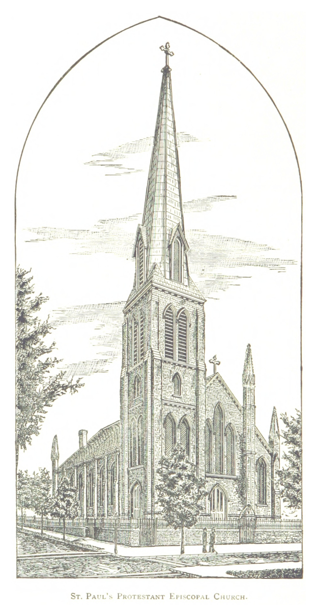 Eine Zeichnung der St. Paul's Protestant Episcopal Church mit einem Turm und umgebenen Bäumen, mit Text unten.