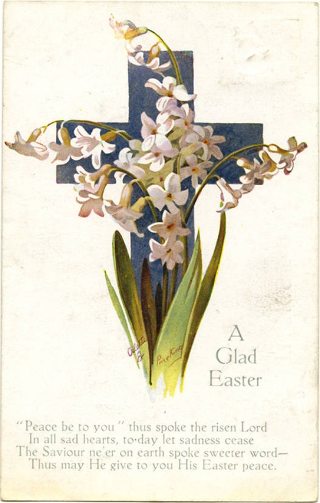 Alte Postkarte mit einem blumengeschmückten Kreuz und dem Text "Ein frohes Ostern".