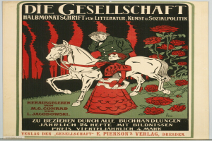 Ein deutsches Propagandaplakat der Gesellschaft, das einen Mann und eine Frau auf einem Pferd zeigt, umgeben von Rosen, mit Text, der Informationen zum Ereignis enthält.