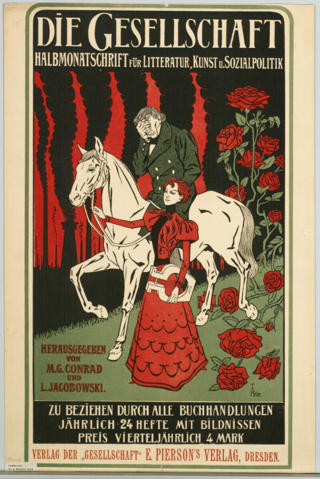 Ein deutsches Propagandaplakat der Gesellschaft, das einen Mann und eine Frau auf einem Pferd zeigt, umgeben von Rosen, mit Text, der Informationen zum Ereignis enthält.