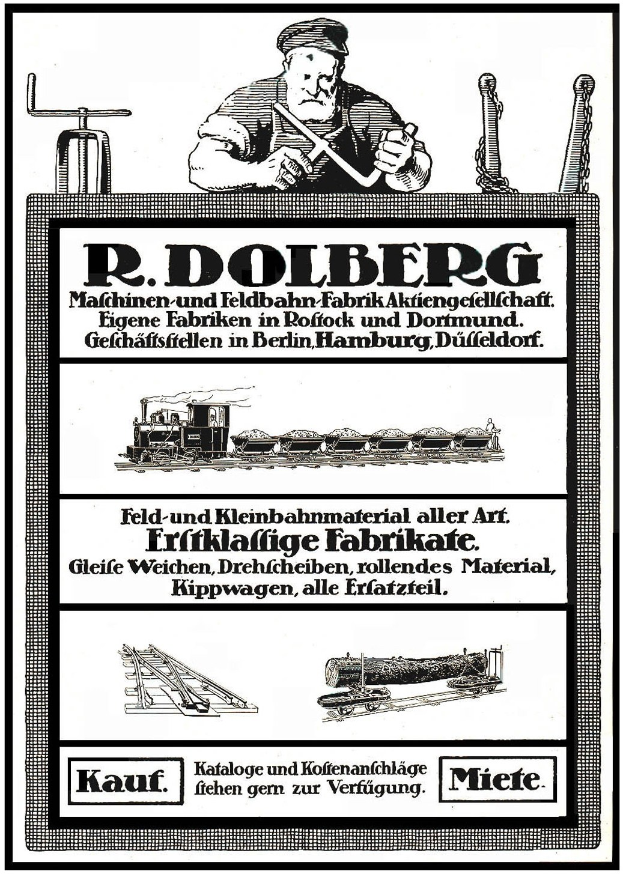 Werbeposter für R.D. Dolbergs Fabrik in Hamburg, Deutschland, mit Text und Abbildungen einer Person, eines Zugs und weiterer Gegenstände.