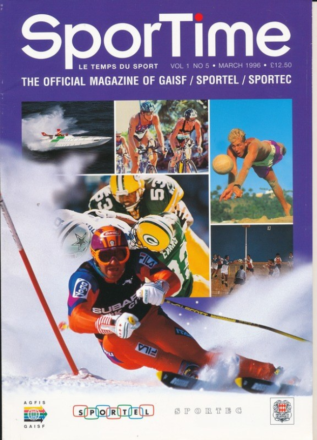 Titelbild des *Sporttime Magazin* (März 1996) mit Menschen beim Skifahren und Snowboarden auf dem Cover.
