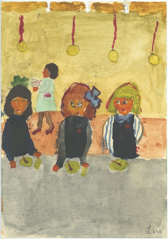 Gemälde von drei Kindern in festlicher Kleidung, die auf einer Bank vor einer Wand mit Weihnachtsdekoration und bunten Orchideen sitzen und lächeln.