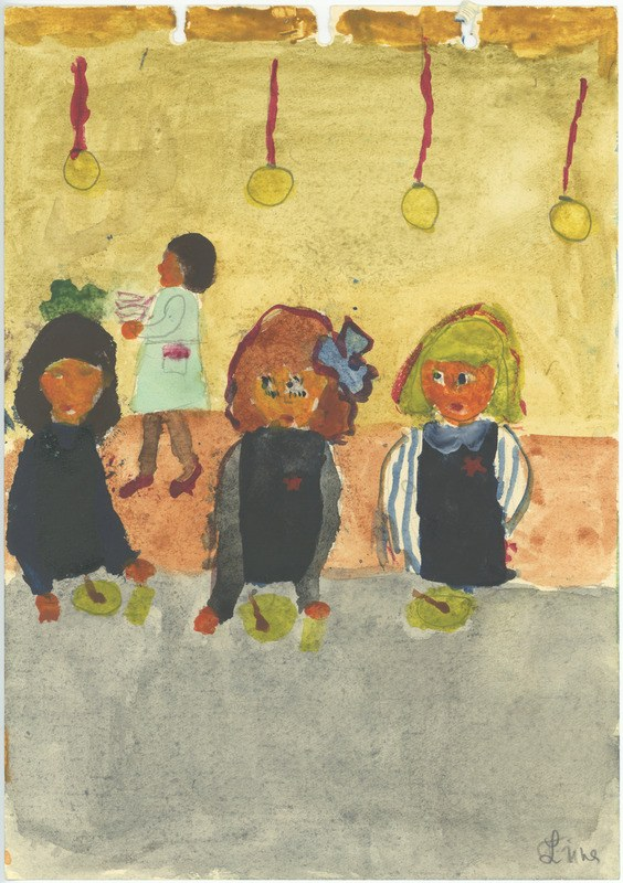 Gemälde von drei Kindern in festlicher Kleidung, die auf einer Bank vor einer Wand mit Weihnachtsdekoration und bunten Orchideen sitzen und lächeln.