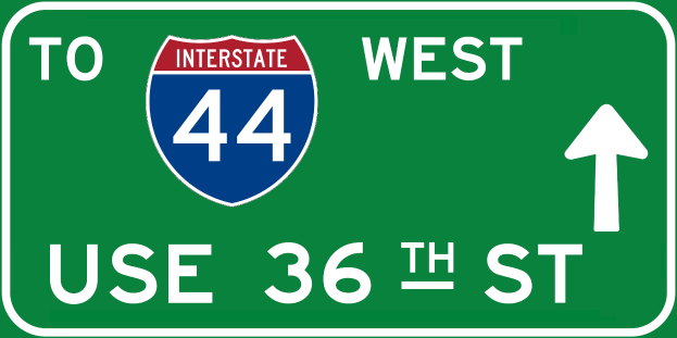 Grüne Highway-Schilder mit "Interstate 44 West" und einem nach rechts zeigenden Pfeil, zusammen mit zusätzlichem Text und Zahlen.