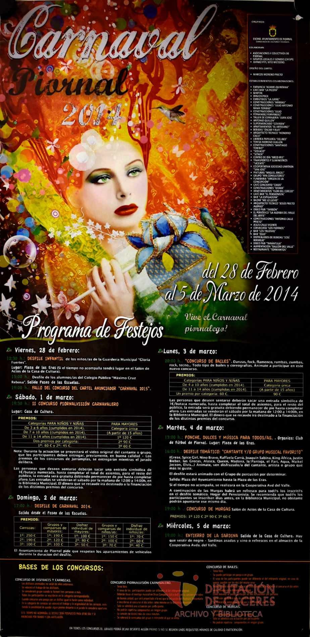 Plakat für das Karnevalsfest 2014 mit einer Frau in einem bunten Kleid, die in der Mitte strahlt, umgeben von schwarzem Text in fetter Schrift auf einem leuchtend gelben Hintergrund.