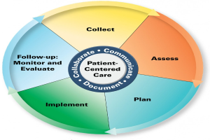 Kreisförmige Diagramm mit der Bezeichnung "patientenorientierte Pflege" mit vier farbigen Abschnitten, die jeweils mit einer Pflegebeschreibung beschriftet sind, auf einem weißen Hintergrund.