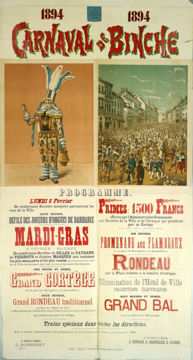 Ein Vintage-Plakat wirbt für ein Karnevalsfest in Banche, Frankreich, mit Abbildungen von Menschen, Gebäuden und Text.