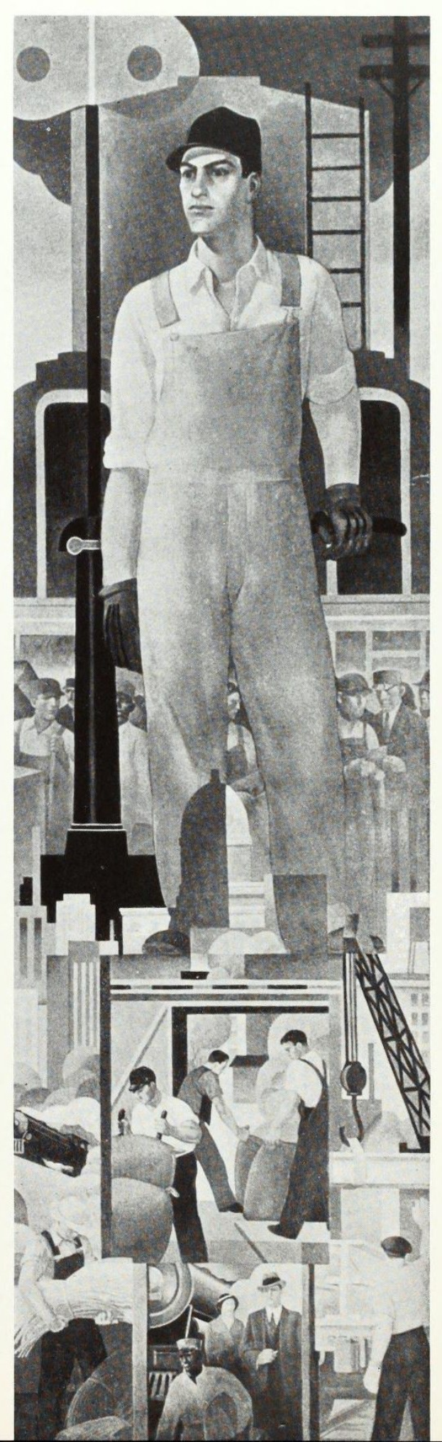 Schwarz-weißes Bild eines Mannes in Arbeitskleidung und Hut vor einem Gebäude, mit einer Collage von Arbeitern, einer Leiter und anderen Gegenständen darunter "Arbeiter in New York City."