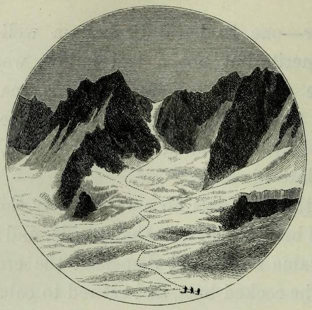 Eine Schwarz-Weiß-Gravur von einer schneebedeckten Gebirgskette mit einem Fluss, unter einem klaren Himmel, mit dem Text "Alpine Skiing in Switzerland" unten.