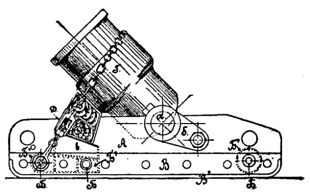 Eine detaillierte Schwarz-Weiß-Zeichnung eines deutschen Panzers aus dem frühen 20. Jahrhundert, die eine Kanone auf einem Turm und andere Komponenten zeigt.