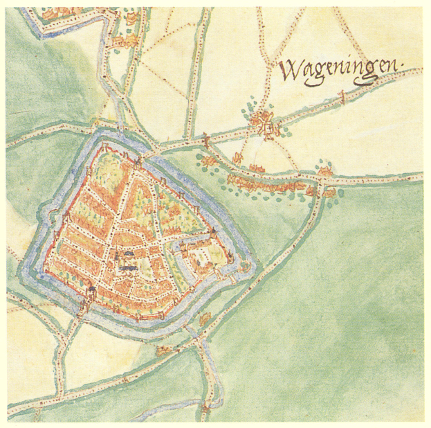 Eine detaillierte Karte von Wageningen, Deutschland, die Straßen, Gebäude und Sehenswürdigkeiten zeigt, mit Text, der zusätzliche Informationen bietet.