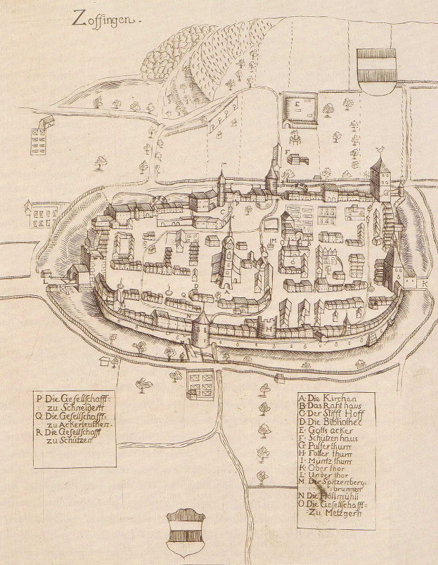 Ein altes, detailliertes Stadtplan von Zoffingen, Deutschland, das Straßen, Gebäude, Bäume und Text zeigt, der das Stadtlayout, die Größe, den Standort und die Geschichte beschreibt.