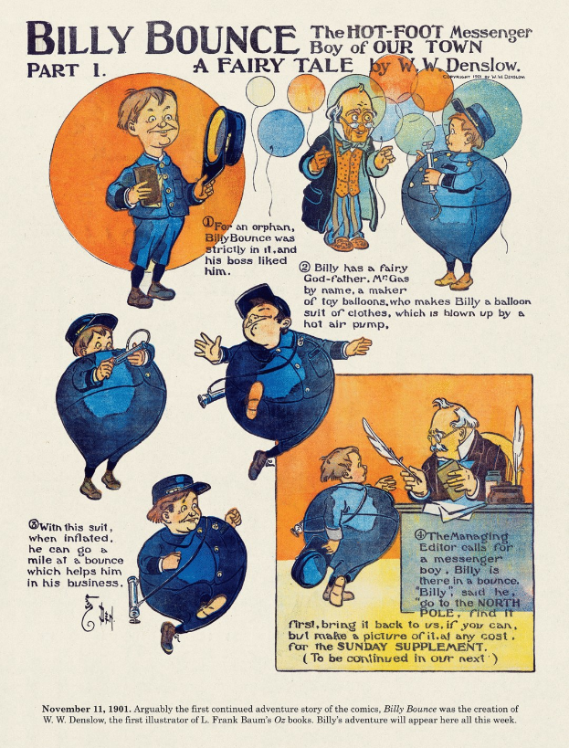 Cartoon-Abbildung eines jungen Jungen in einem Zylinder und einem Cape, der einen Zauberstab und ein Buch hält und als 'Billy Bounce, der schnelle Bote, Teil 1: Ein Märchen' betitelt ist, mit einer verspielter Schrift und einem Feld unter einem hellblauen Himmel.