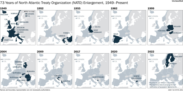 Karte, die die Erweiterung der NATO von 1949 bis heute zeigt, wobei die Regionen farblich nach dem Jahr der Aufnahme codiert sind.