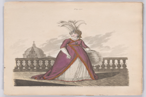 Frau in einem purpurfarbenen und weißen Federkleid, die an einem Geländer steht, mit einem Gebäude und Wolken im Hintergrund, beschriftet mit 'Mode von New York, New York Street, 1790.'