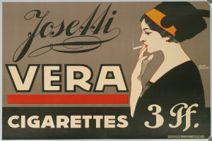 Eine Frau in einem weißen Kleid mit einem Dutt, die eine Zigarette raucht, vor einem hellblauen Hintergrund mit Sternen, mit dem Text 'Josemi Vera Zigaretten' oben.