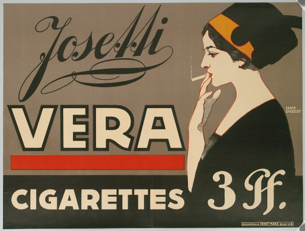 Eine Frau in einem weißen Kleid mit einem Dutt, die eine Zigarette raucht, vor einem hellblauen Hintergrund mit Sternen, mit dem Text 'Josemi Vera Zigaretten' oben.