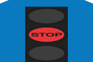 Eine Ampel mit einem roten Stoppschild auf blauem Hintergrund.