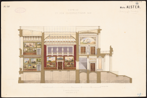 Ein detailliertes Bild eines Opernhauses, das mit kunstvollen architektonischen Elementen und farbenfrohen Gemälden, die das Innere zeigen, verziert ist, begleitet von beschreibendem Text.