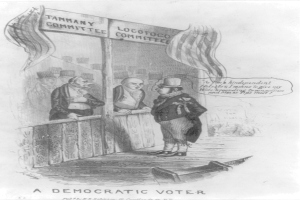 Ein Mann im Anzug steht entschlossen vor einer Tür mit der Aufschrift "Ein demokratischer Wähler".