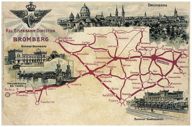 Eine detaillierte Karte von Bromberg, Deutschland, mit Straßen, Sehenswürdigkeiten, Gebäuden, Bäumen und einer Brücke sowie begleitendem Text, der die Geschichte, Kultur und Attraktionen der Stadt beschreibt.