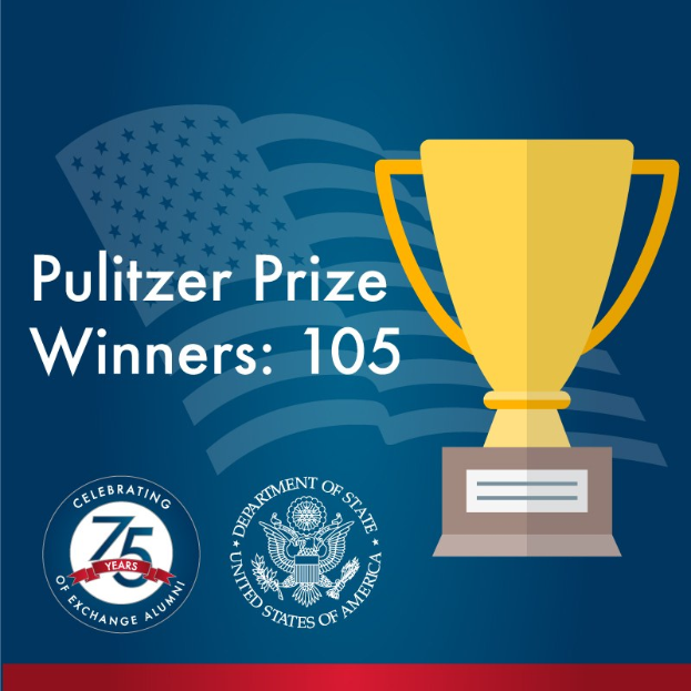 Plakat mit der Aufschrift "Pulitzer-Preis-Gewinner 105" und einem zentralen Pokalsymbol, umgeben von Text und Logos.