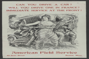 Ein Plakat mit schwarzem Hintergrund, das eine Frau und einen Mann zeigt, mit der Aufschrift "Kannst du ein Auto fahren? Wirst du eines in Frankreich fahren? Sofortdienst am Eingang" darauf.