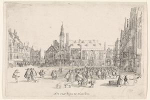 Eine Strichzeichnung einer Stadtstraße mit Fußgängern, einige mit Taschen oder Begleittieren, und Gebäuden mit Fenstern im Hintergrund, mit Text unten.