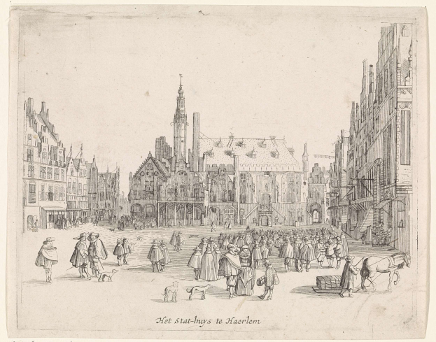 Eine Strichzeichnung einer Stadtstraße mit Fußgängern, einige mit Taschen oder Begleittieren, und Gebäuden mit Fenstern im Hintergrund, mit Text unten.