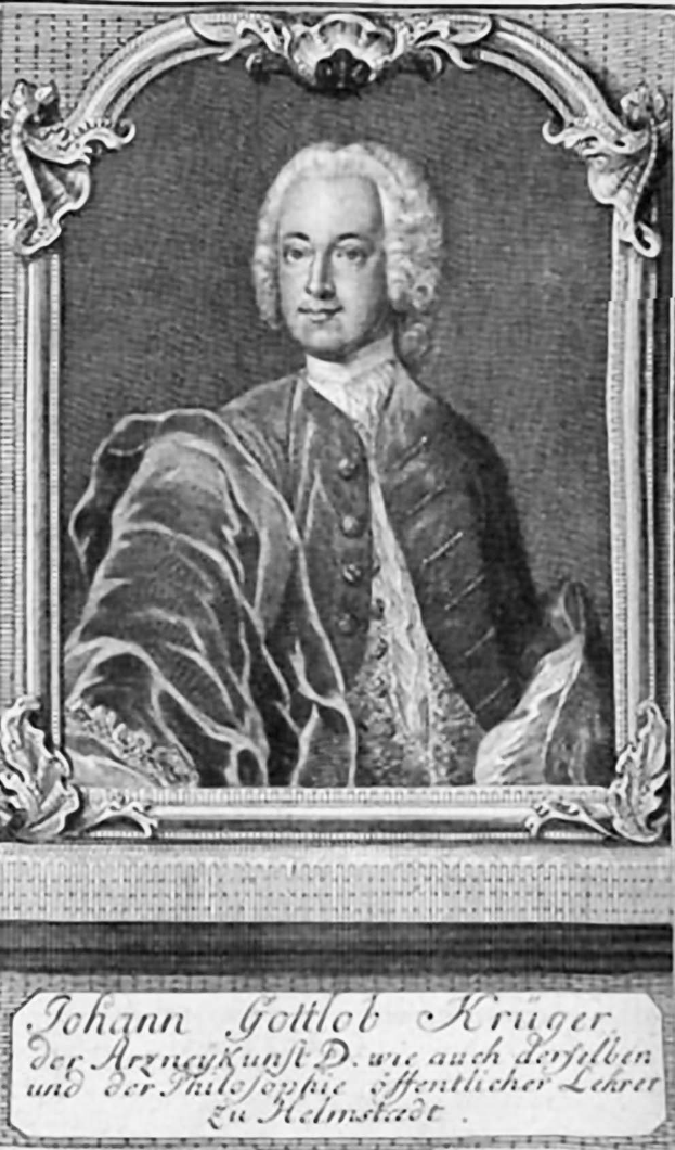 Ein Schwarz-Wei├č-Portr├Ąt von Johann Gottlieb Kruger, einem deutschen Komponisten, der einen Mantel tr├Ągt, mit Text am unteren Bildrand.
