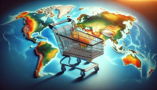 Einkaufswagen voller Lebensmittel vor einer Weltkarte, die den globalen E-Commerce symbolisiert.