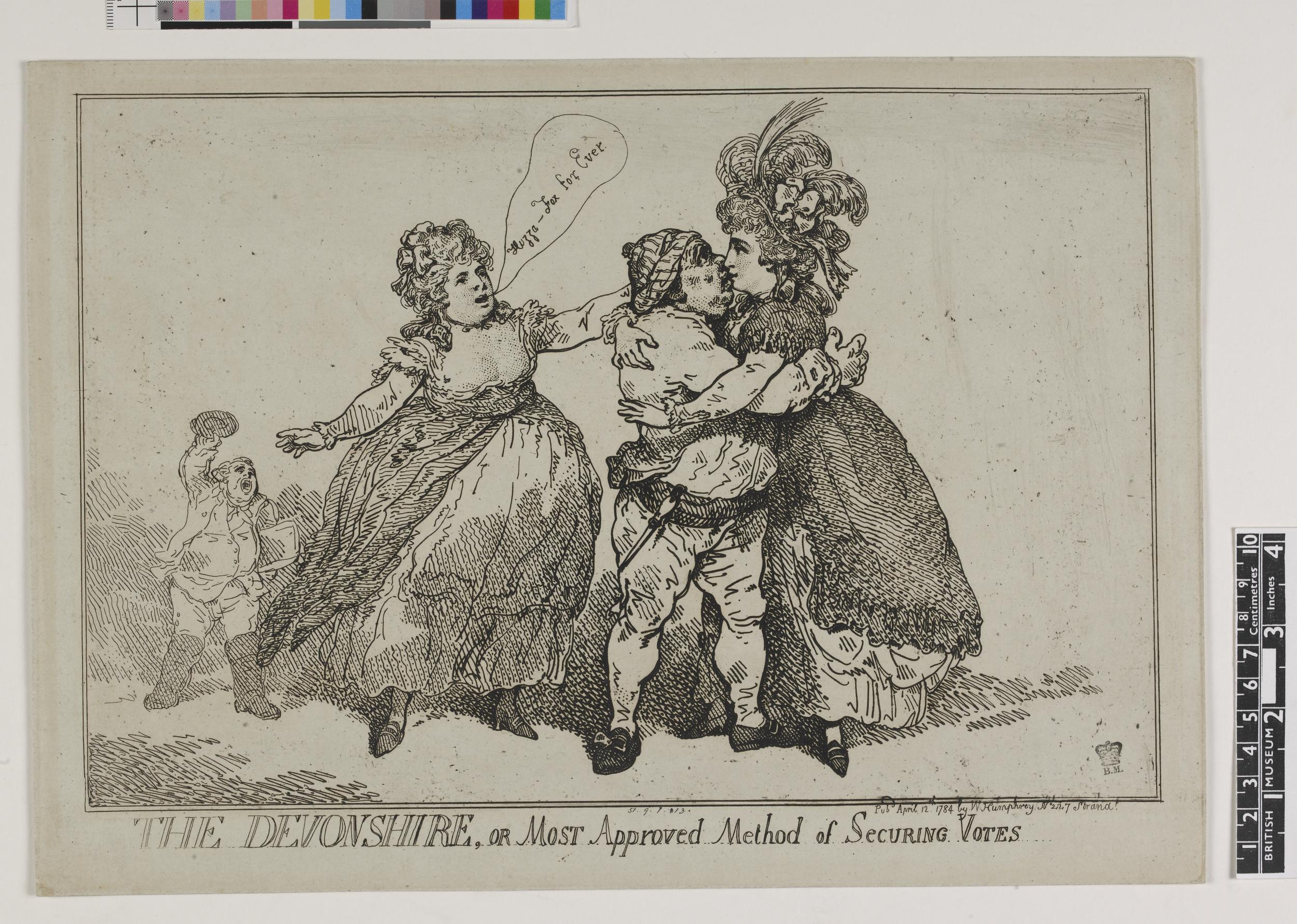 Ein Blatt Papier mit einer Zeichnung von zwei Frauen und einem Mann, Farboptionen oben und der Text "The Devonshire, or Most Approved Method of Securing Votes".