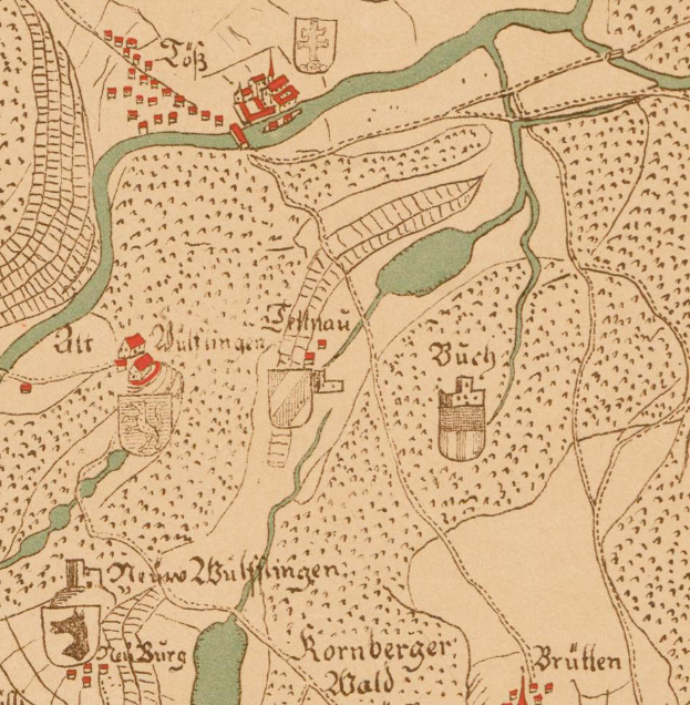 Ein detailliertes altes Stadtplan von Berlin, Deutschland, das die Schlacht an der Rhine River zeigt, mit beschrifteten Städten, Dörfern und dem Verlauf des Flusses, begleitet von erklärendem Text.