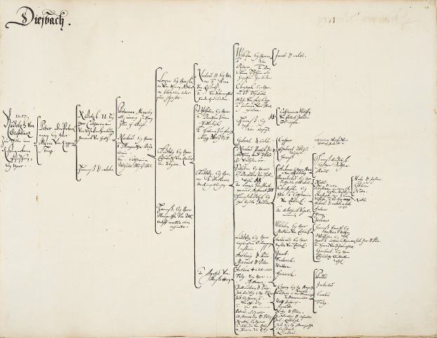 Ein aufgeschlagenes Buch mit einer handschriftlichen genealogischen Tafel einer deutschen Familie, gefüllt mit Text über Familienmitglieder und ihre Abstammung.