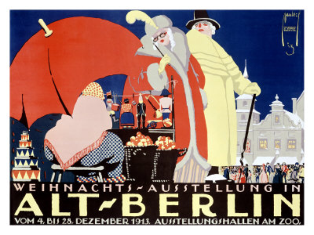 Ein Plakat, das eine Zirkusvorstellung in Berlin, Deutschland ankündigt, mit einer farbenfrohen Illustration von Menschen, Gebäuden und anderen Gegenständen und den Worten "Weihnachtsausstellung in Alt-Berlin" oben.