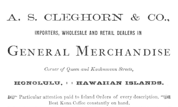 Schwarz-weißes Papier mit gedrucktem Text: "A.S. Cleghorn & Co. Importeure, Groß- und Einzelhandelsgeschäft für Allgemeine Waren."