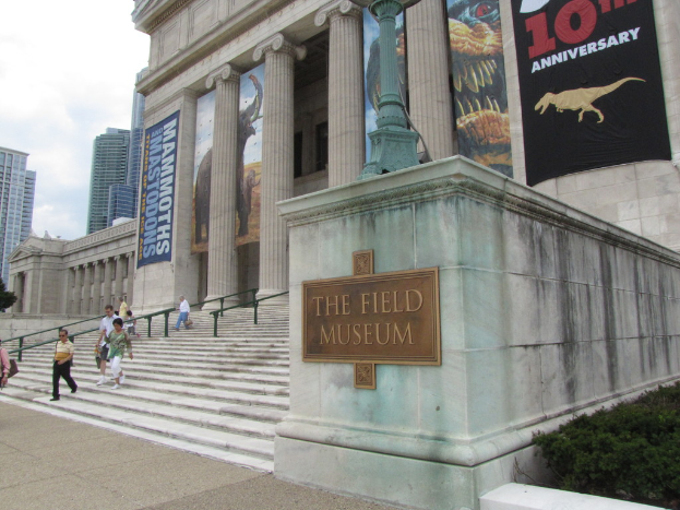 Menschen sitzen auf Treppenstufen neben einem Geländer, mit einem Denkmal rechts und Gebäuden im Hintergrund; ein Banner, Plakate und eine Säule sind oben zu sehen, ein Museums Schild in der Mitte und Planeten in der rechten unteren Ecke, mit einem bewölktem Himmel in der linken oberen Ecke.