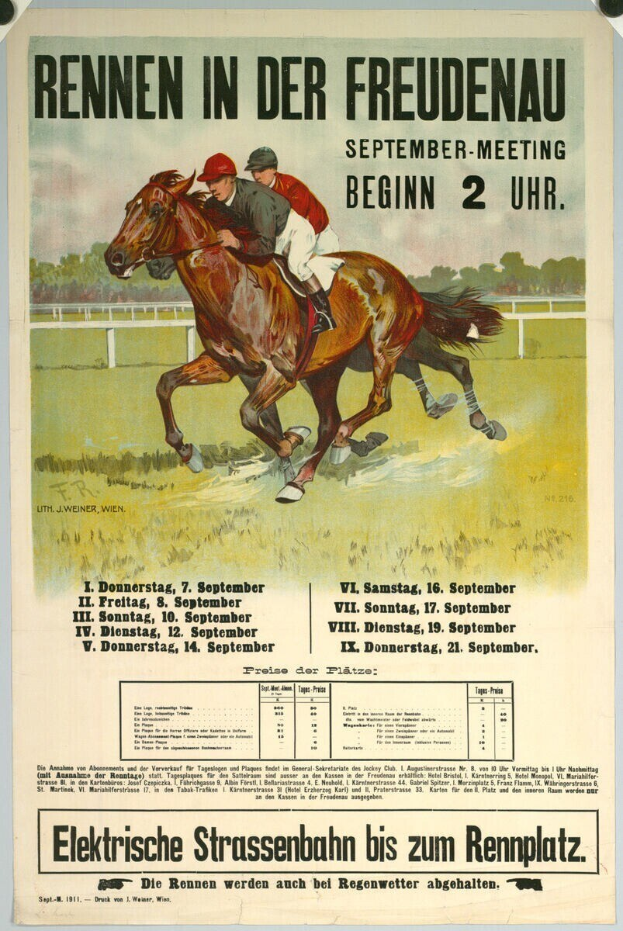 Plakat, das ein Pferderennen in Deutschland ankündigt, mit zwei Reitern auf Pferden im Vordergrund und Bäumen im Hintergrund sowie Text mit Renninformationen.