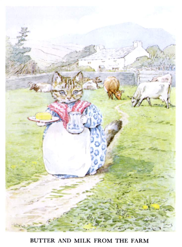 Ein Bild eines Katers, der auf dem Boden sitzt und eine Platte mit einem Krug, Butter und Milch hält, mit grasenden Tieren, einem Haus, Bäumen, Hügeln und einem klaren blauen Himmel im Hintergrund und Text unten, der "Butter und Milch vom Bauernhof" lautet.