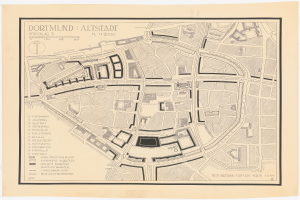 Ein detailliertes altes Stadtplan von Dortmund, Deutschland, auf einem wei├čen Hintergrund, der Stra├čen, Geb├Ąude, Landmarken und Text mit Informationen ├╝ber die Stadt zeigt.