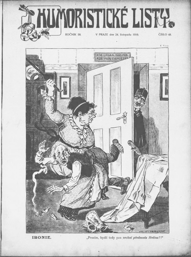 A black and white cartoon of a man and woman in a room with a door, wall hangings, and scattered objects on the floor, with text at the top and bottom reading "Humoristické Listy, Vol 1, No 1, 1916".