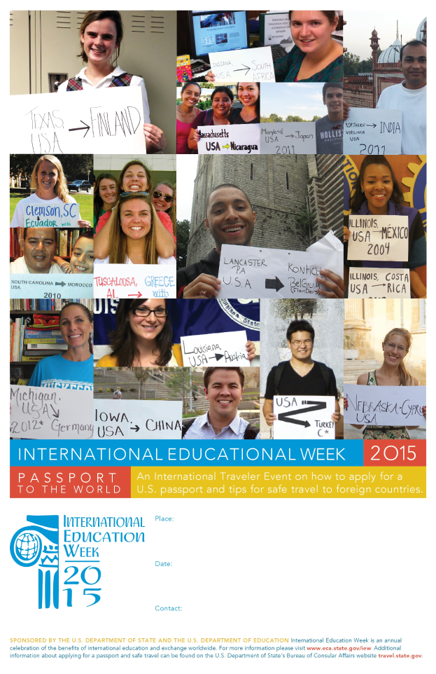 Ein Plakat für die Internationale Bildungswoche 2015, das eine Gruppe von Menschen zeigt, die mit Schildern winkend posen, und Text, der Informationen zum Event enthält.
