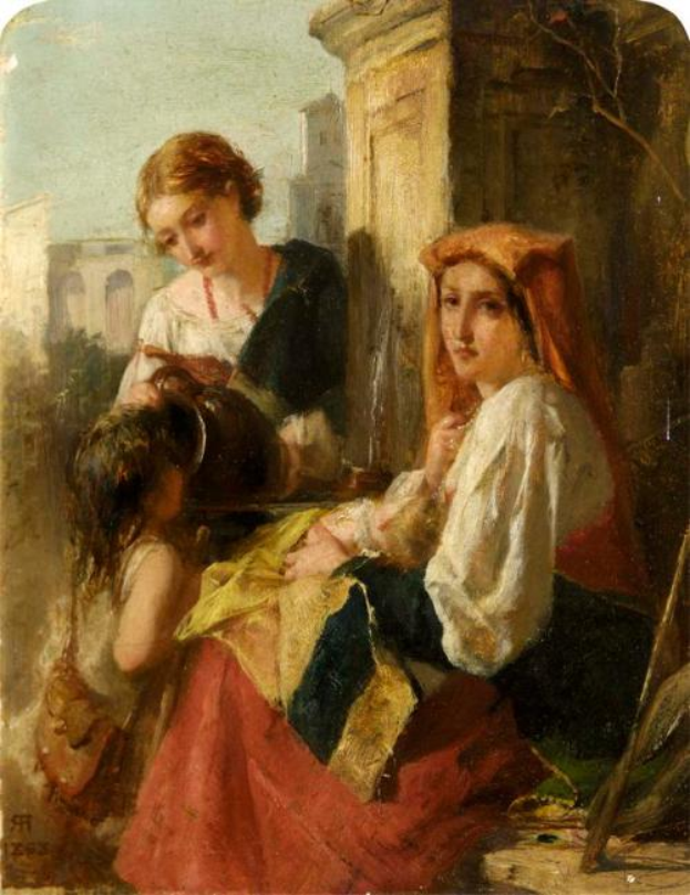 Ein Bild namens "Mutter und Kind" von Jean-Baptiste-Camille Corot aus dem Jahr 1855, das zwei Frauen und ein Kind in einem Hof mit Gebäuden, Bäumen und einem klaren blauen Himmel zeigt, wobei die Frauen traditionelle Kleidung tragen und das Kind ein buntes Kleid trägt.